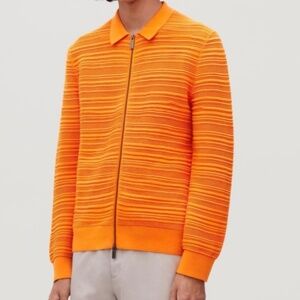 COS Men's Ripple Stitch Cardigan Sweater in Bright Orange Size Small